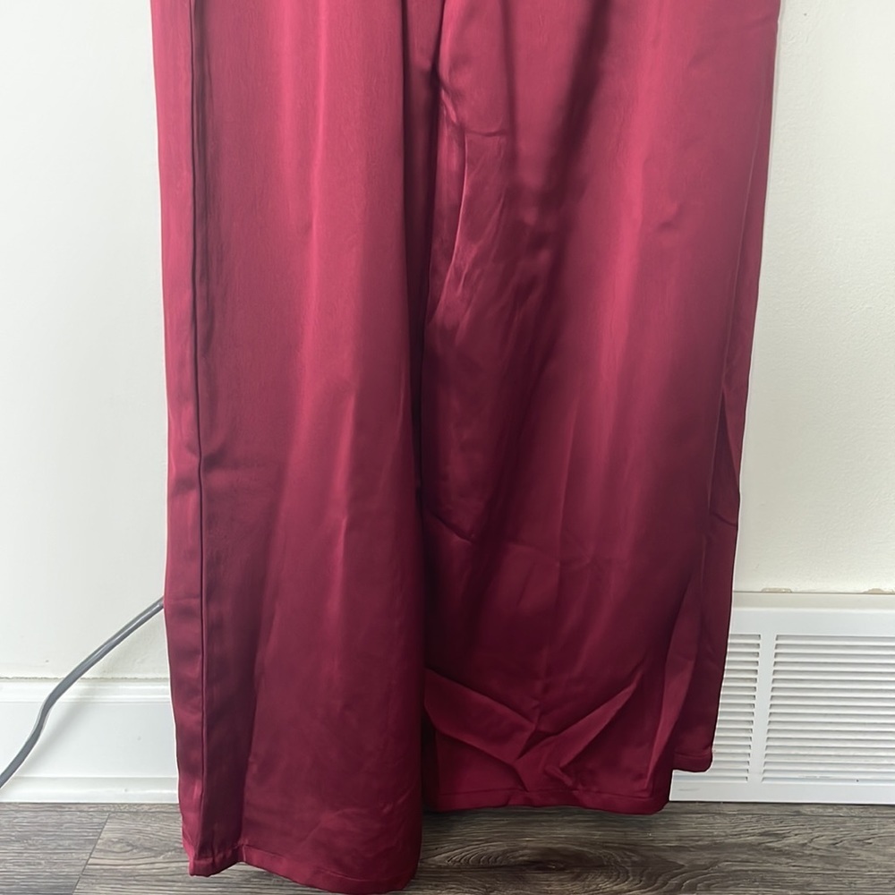 Lulus| Passionate About Perfection Crimson Satin Wide Leg One Sleeve Jumpsuit XL - Picture 9 of 12